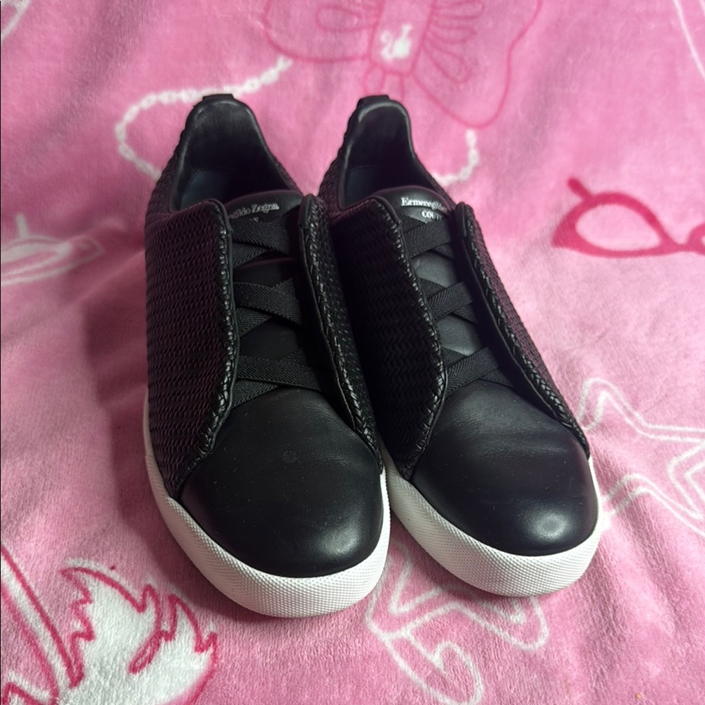 Ermenegildo Zegna Black Leather Slip-On Sneakers